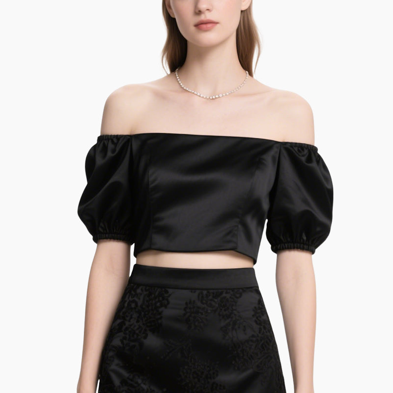 Women's Elegant Off-shoulder Satin Set with Bubble Sleeves & Embroidered Midi Skirt