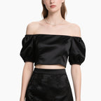 Women's Elegant Off-shoulder Satin Set with Bubble Sleeves & Embroidered Midi Skirt