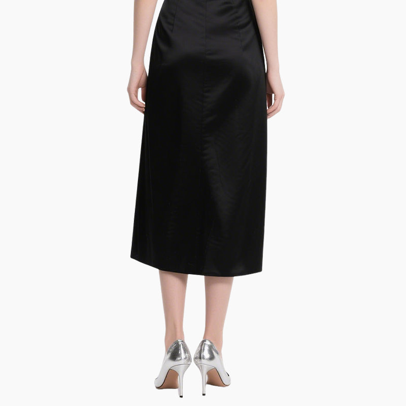 Women's Elegant Off-shoulder Satin Set with Bubble Sleeves & Embroidered Midi Skirt