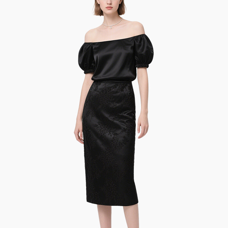 Women's Elegant Off-shoulder Satin Top & Embossed Pencil Skirt Set