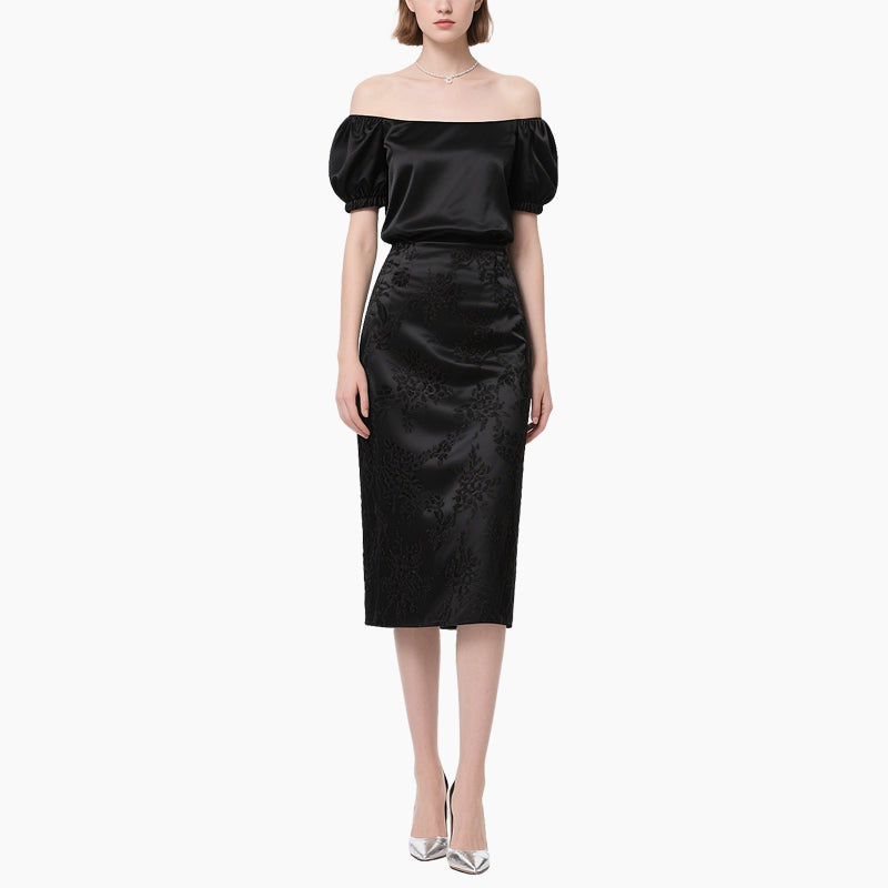 Women's Elegant Off-shoulder Satin Top & Embossed Pencil Skirt Set