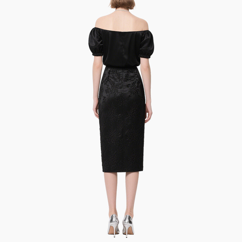 Women's Elegant Off-shoulder Satin Top & Embossed Pencil Skirt Set