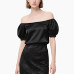 Women's Elegant Off-shoulder Satin Top & Embossed Pencil Skirt Set