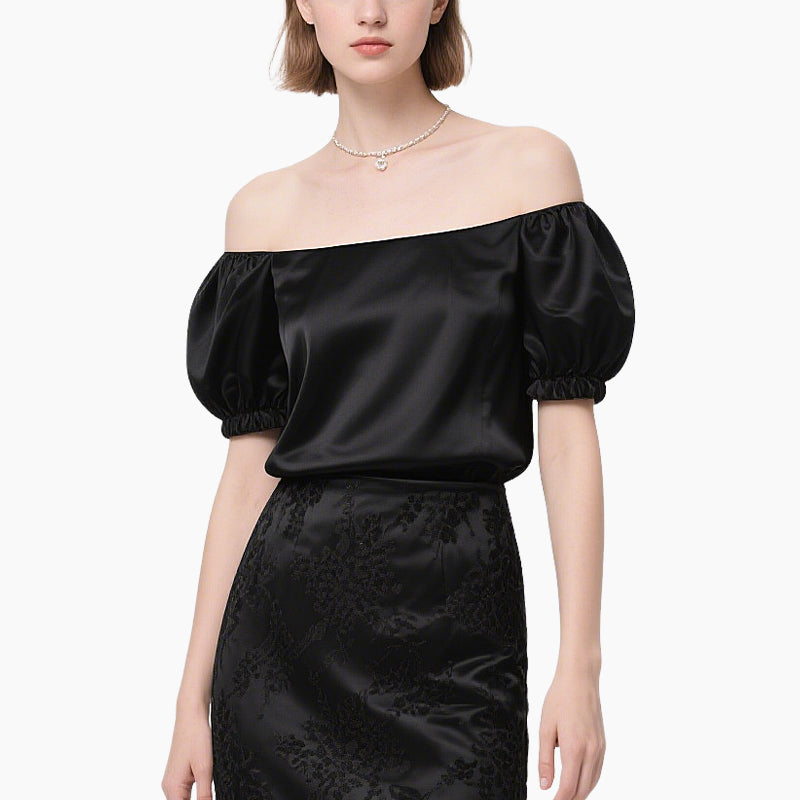 Women's Elegant Off-shoulder Satin Top & Embossed Pencil Skirt Set