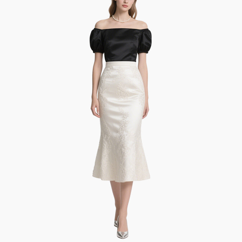 Elegant Women's Two-piece Set Black Off-shoulder Top with White Fish Tail Skirt