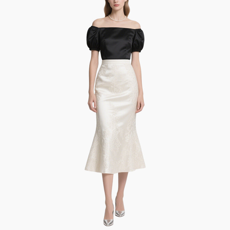 Elegant Women's Two-piece Set Black Off-shoulder Top with White Fish Tail Skirt