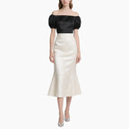 Elegant Women's Two-piece Set Black Off-shoulder Top with White Fish Tail Skirt