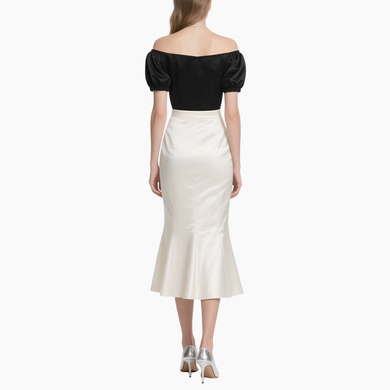 Elegant Women's Two-piece Set Black Off-shoulder Top with White Fish Tail Skirt