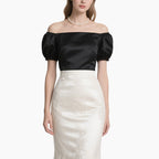 Elegant Women's Two-piece Set Black Off-shoulder Top with White Fish Tail Skirt