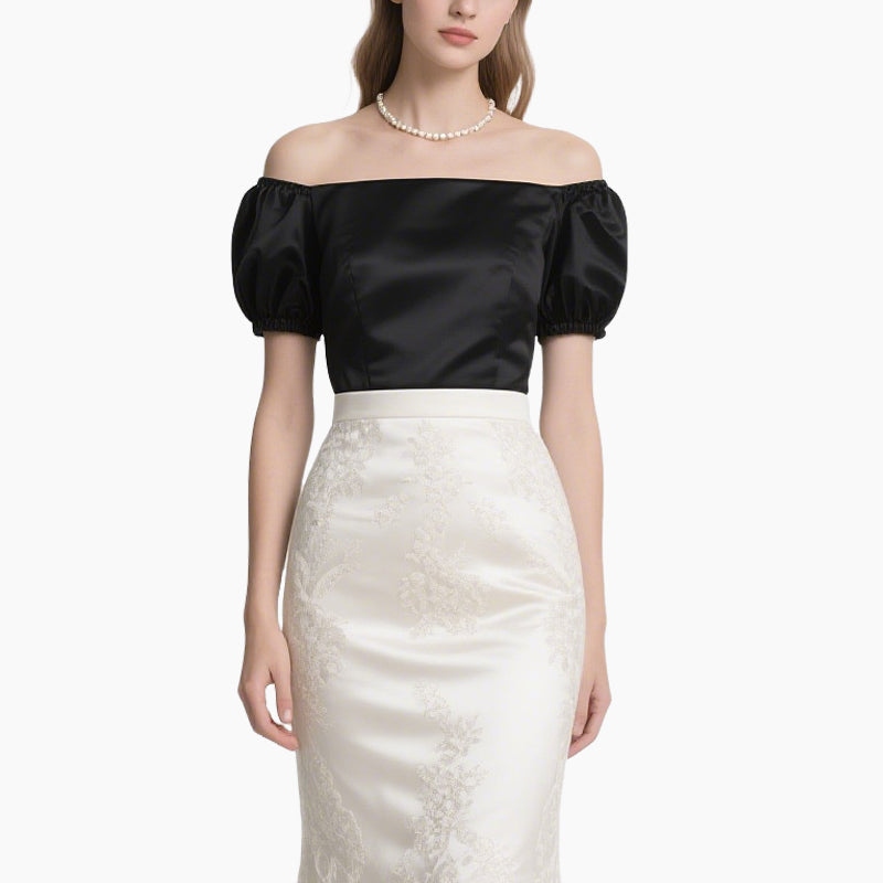 Elegant Women's Two-piece Set Black Off-shoulder Top with White Fish Tail Skirt