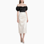 Women's Elegant Off-Shoulder Satin Top & Vintage White Skirt Set