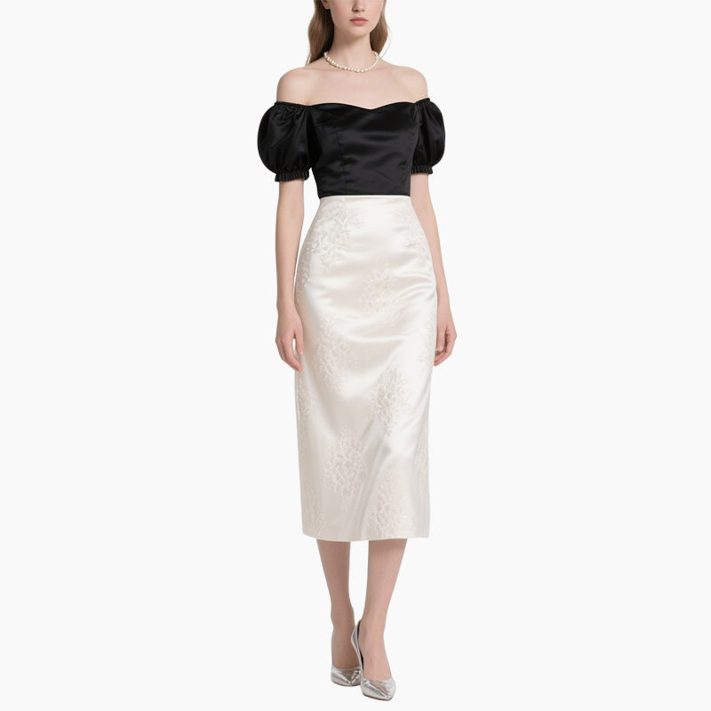 Women's Elegant Off-Shoulder Satin Top & Vintage White Skirt Set