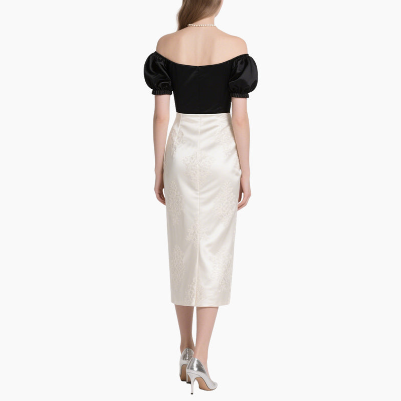 Women's Elegant Off-Shoulder Satin Top & Vintage White Skirt Set