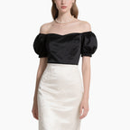 Women's Elegant Off-Shoulder Satin Top & Vintage White Skirt Set