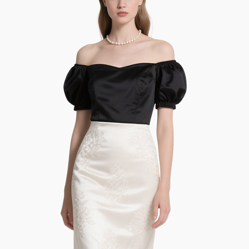 Women's Elegant Off-Shoulder Satin Top & Vintage White Skirt Set