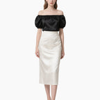 Women's Elegant Off-Shoulder Satin Top & Vintage White Skirt Set