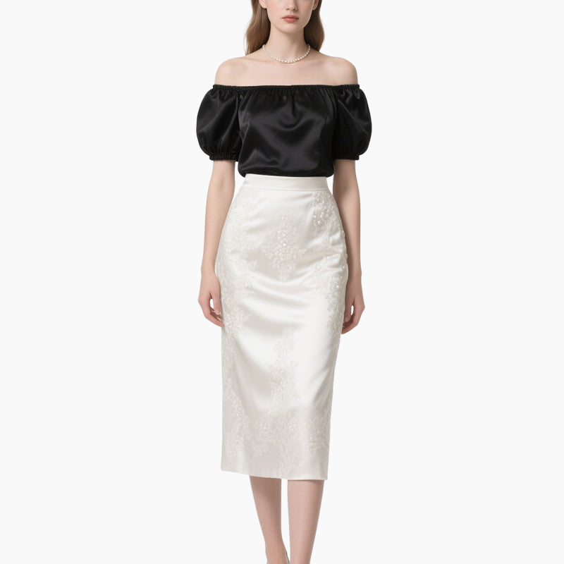 Women's Elegant Off-Shoulder Satin Top & Vintage White Skirt Set
