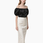 Women's Elegant Off-Shoulder Satin Top & Vintage White Skirt Set