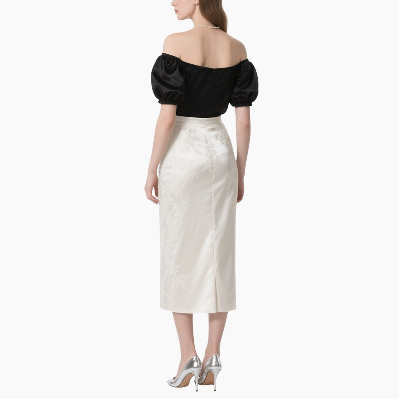 Women's Elegant Off-Shoulder Satin Top & Vintage White Skirt Set