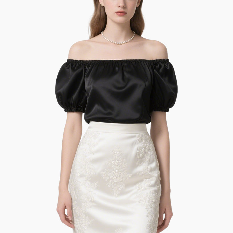 Women's Elegant Off-Shoulder Satin Top & Vintage White Skirt Set