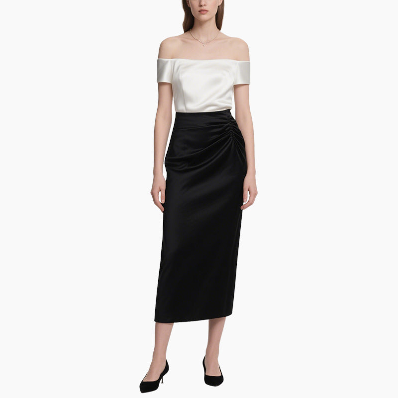 Chic Satin Off-Shoulder Top & Pleated Midi Skirt Set Elegant Two-Piece Outfit