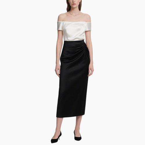 Chic Satin Off-Shoulder Top & Pleated Midi Skirt Set Elegant Two-Piece Outfit