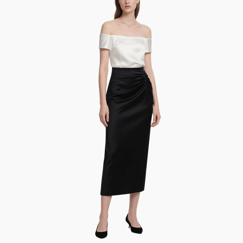 Chic Satin Off-Shoulder Top & Pleated Midi Skirt Set Elegant Two-Piece Outfit