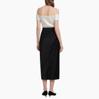 Chic Satin Off-Shoulder Top & Pleated Midi Skirt Set Elegant Two-Piece Outfit