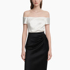 Chic Satin Off-Shoulder Top & Pleated Midi Skirt Set Elegant Two-Piece Outfit