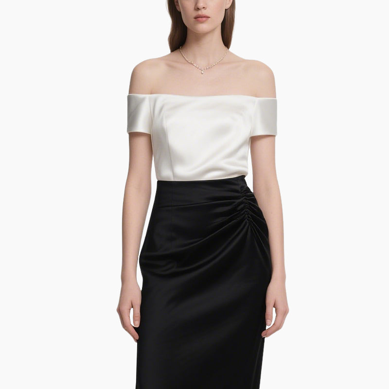 Chic Satin Off-Shoulder Top & Pleated Midi Skirt Set Elegant Two-Piece Outfit