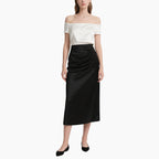 Chic Satin Off-Shoulder Top & Pleated Midi Skirt Set Elegant Two-Piece Outfit
