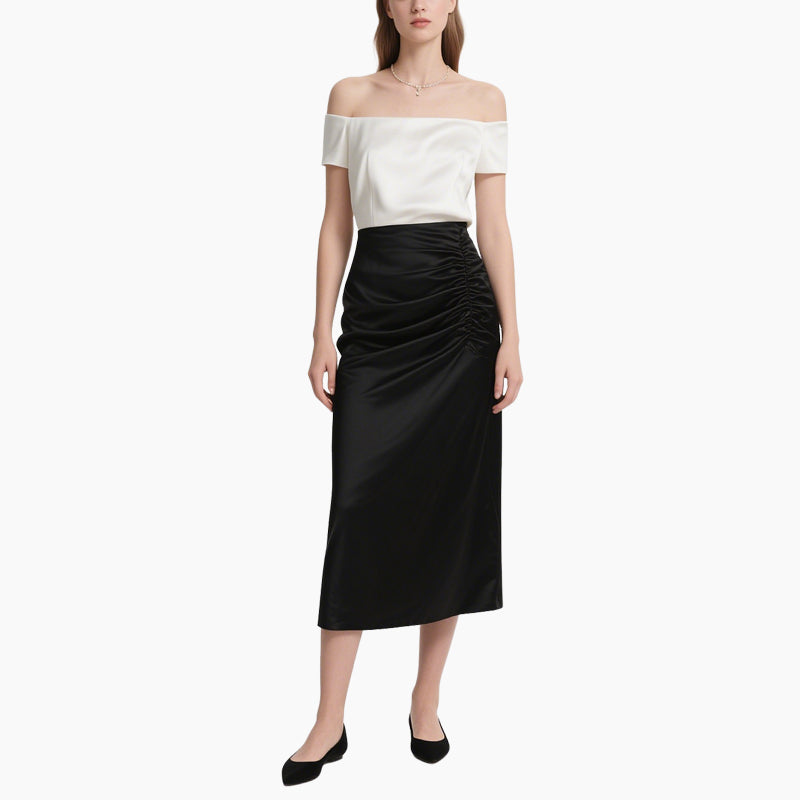 Chic Satin Off-Shoulder Top & Pleated Midi Skirt Set Elegant Two-Piece Outfit