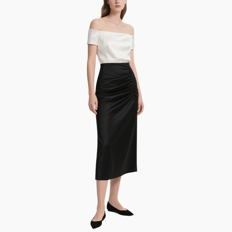 Chic Satin Off-Shoulder Top & Pleated Midi Skirt Set Elegant Two-Piece Outfit