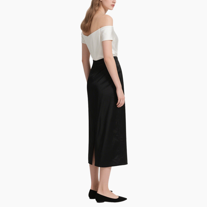 Chic Satin Off-Shoulder Top & Pleated Midi Skirt Set Elegant Two-Piece Outfit