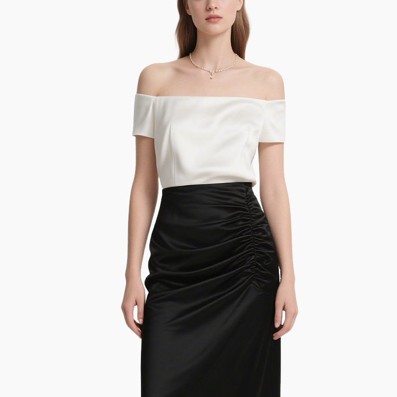 Chic Satin Off-Shoulder Top & Pleated Midi Skirt Set Elegant Two-Piece Outfit