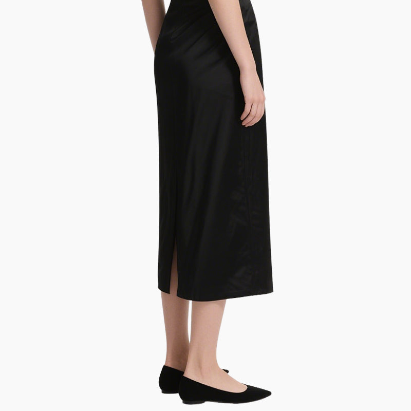 Chic Satin Off-Shoulder Top & Pleated Midi Skirt Set Elegant Two-Piece Outfit