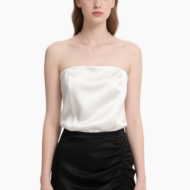 Elegant Women's Satin Tube Top & Ruched Midi Skirt Set