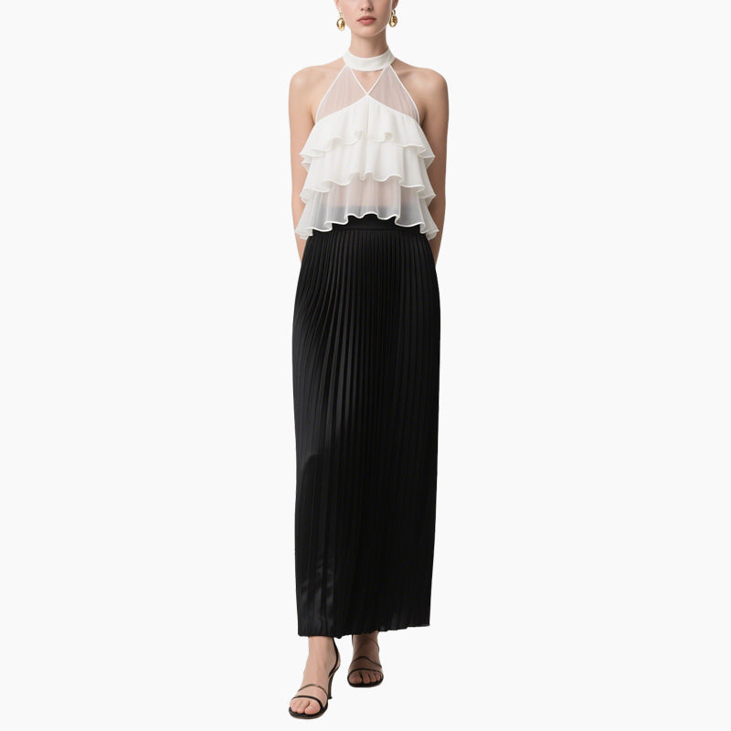 Women's Elegant Layered Ruffle Off-shoulder Top & Pleated Maxi Skirt Set