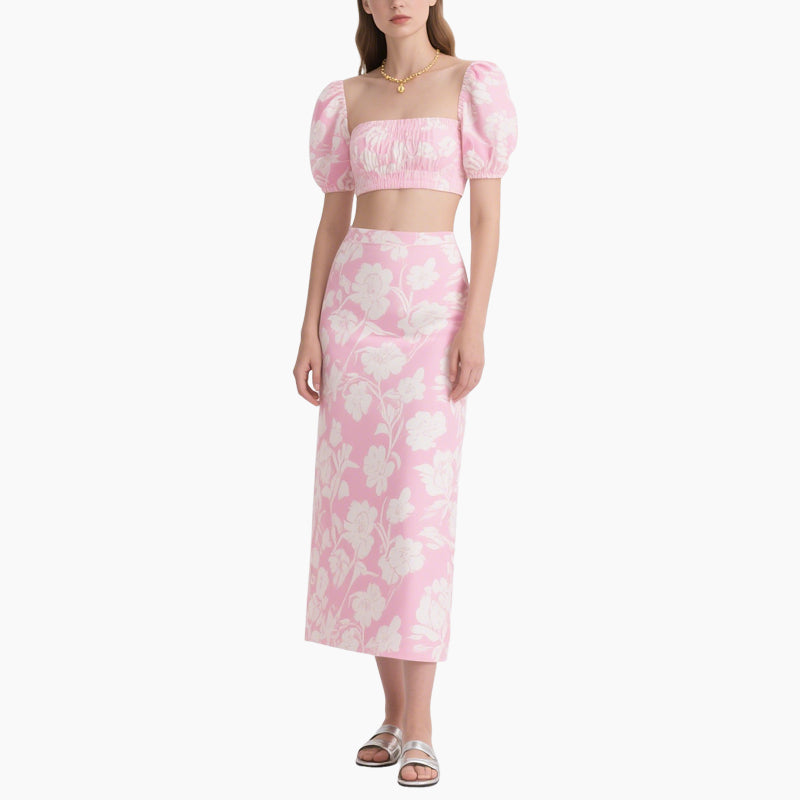 Women's Elegant Blossom Cropped Top & A-line Skirt Set Two Piece Outfit