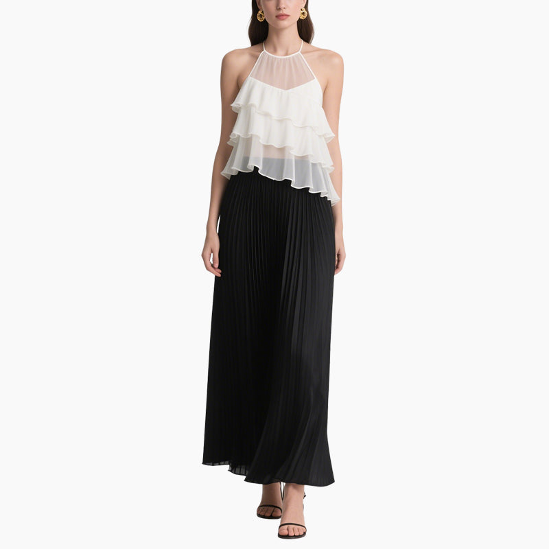 Elegant Layered Ruffle Blouse & Pleated Maxi Skirt Set Chic Two-Piece Women's Outfit