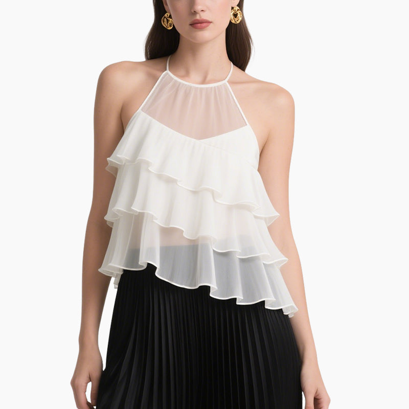 Elegant Layered Ruffle Blouse & Pleated Maxi Skirt Set Chic Two-Piece Women's Outfit