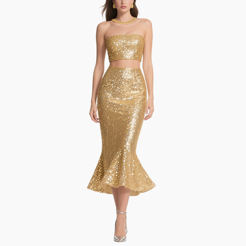 Golden Bodycon Set Glittering Cutout Back & Mermaid Skirt