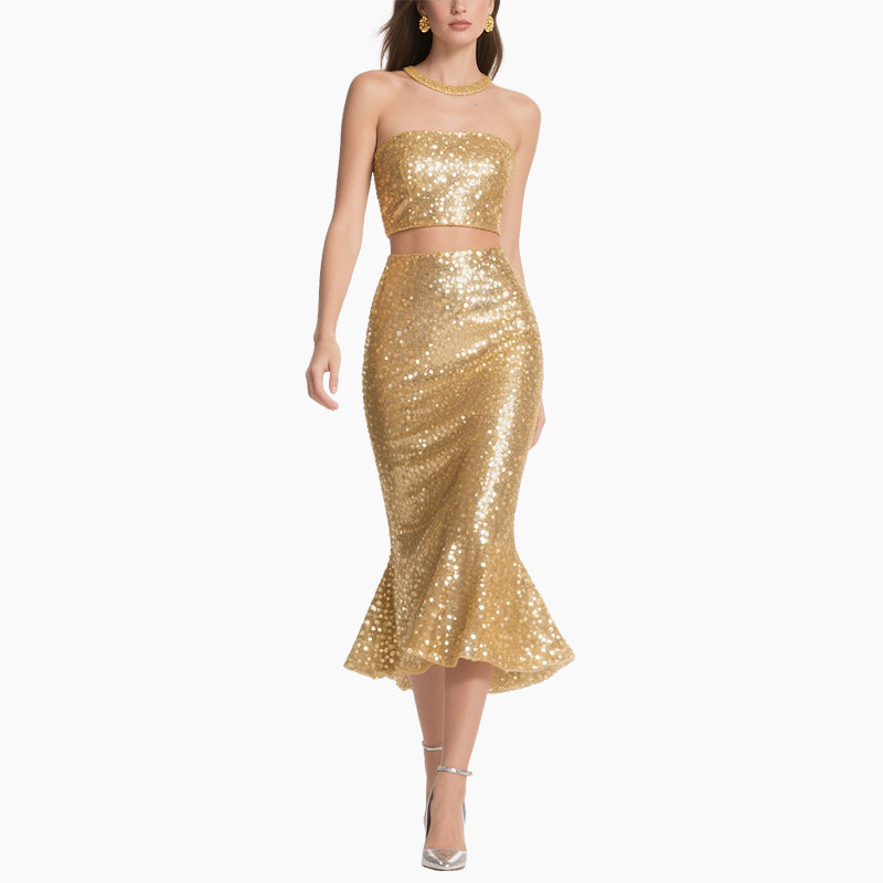 Golden Bodycon Set Glittering Cutout Back & Mermaid Skirt