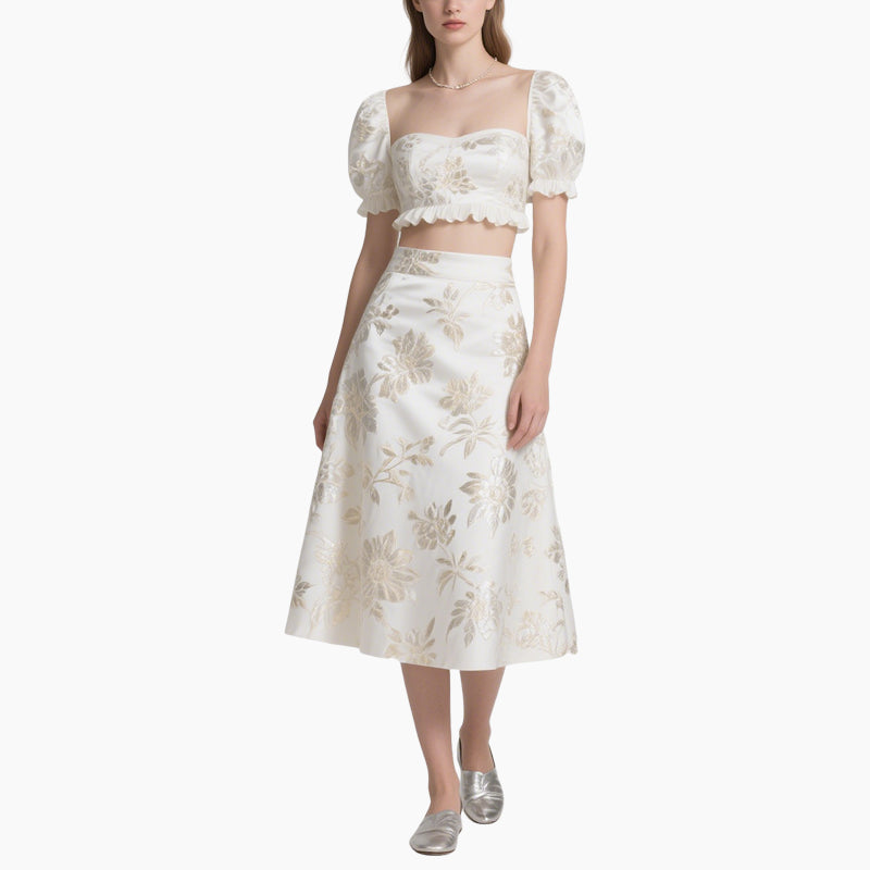 Luxury Golden Floral Embroidered Crop Top & A-Line Midi Skirt