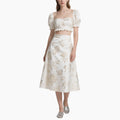 Luxury Golden Floral Embroidered Crop Top & A-Line Midi Skirt