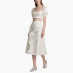 Luxury Golden Floral Embroidered Crop Top & A-Line Midi Skirt