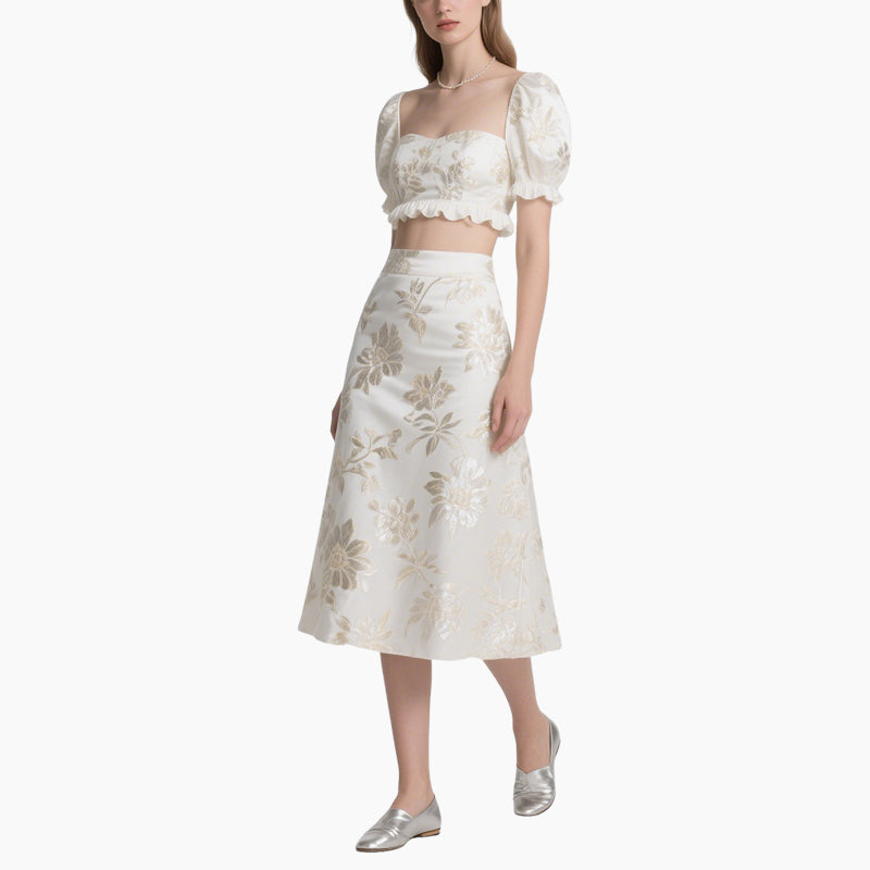 Luxury Golden Floral Embroidered Crop Top & A-Line Midi Skirt