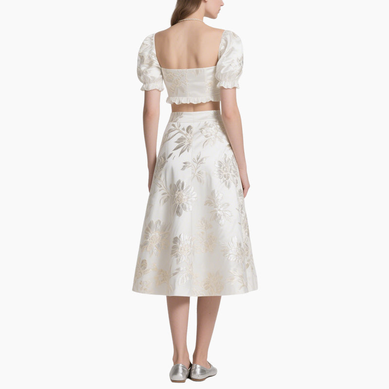 Luxury Golden Floral Embroidered Crop Top & A-Line Midi Skirt