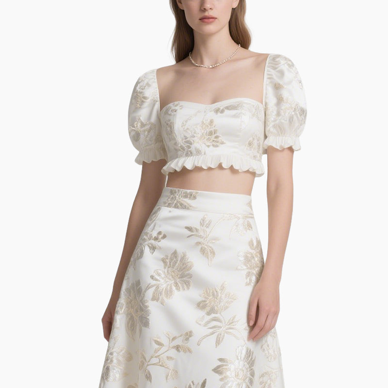 Luxury Golden Floral Embroidered Crop Top & A-Line Midi Skirt