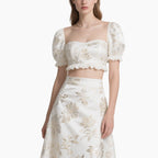 Luxury Golden Floral Embroidered Crop Top & A-Line Midi Skirt